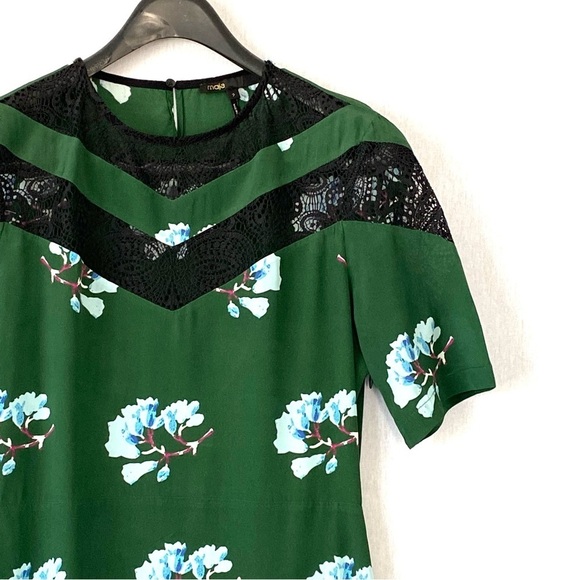 Maje Asymmetric Lace Trimmed Floral Print Silk Blend Dress - Picture 5 of 15